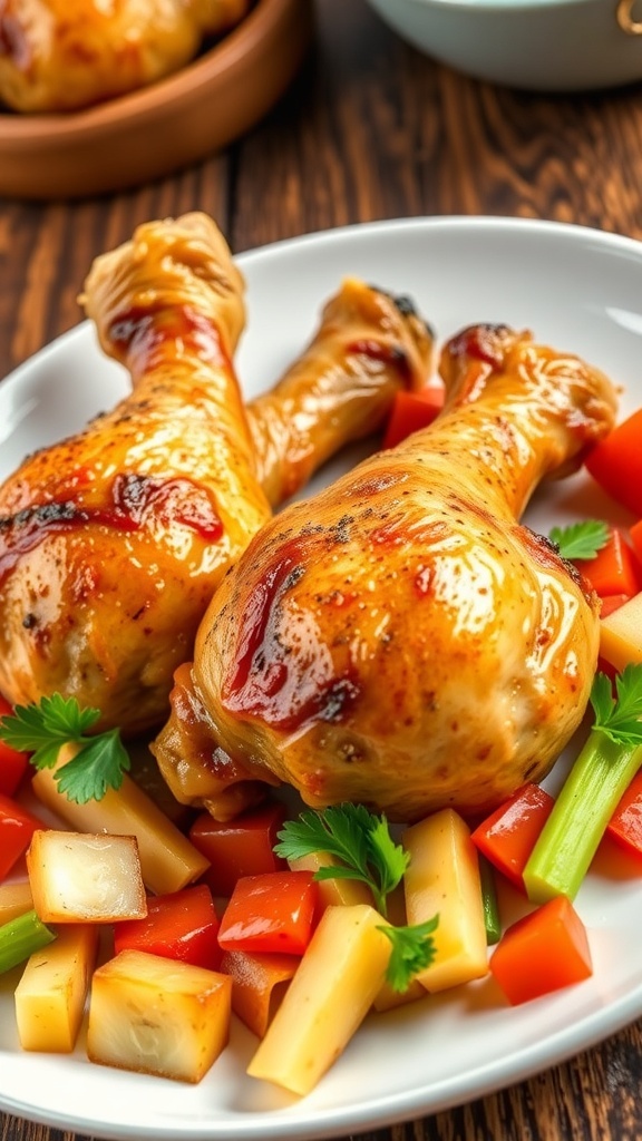 A plate of crispy baked chicken drumsticks garnished with parsley, served with fresh vegetables on a rustic table.